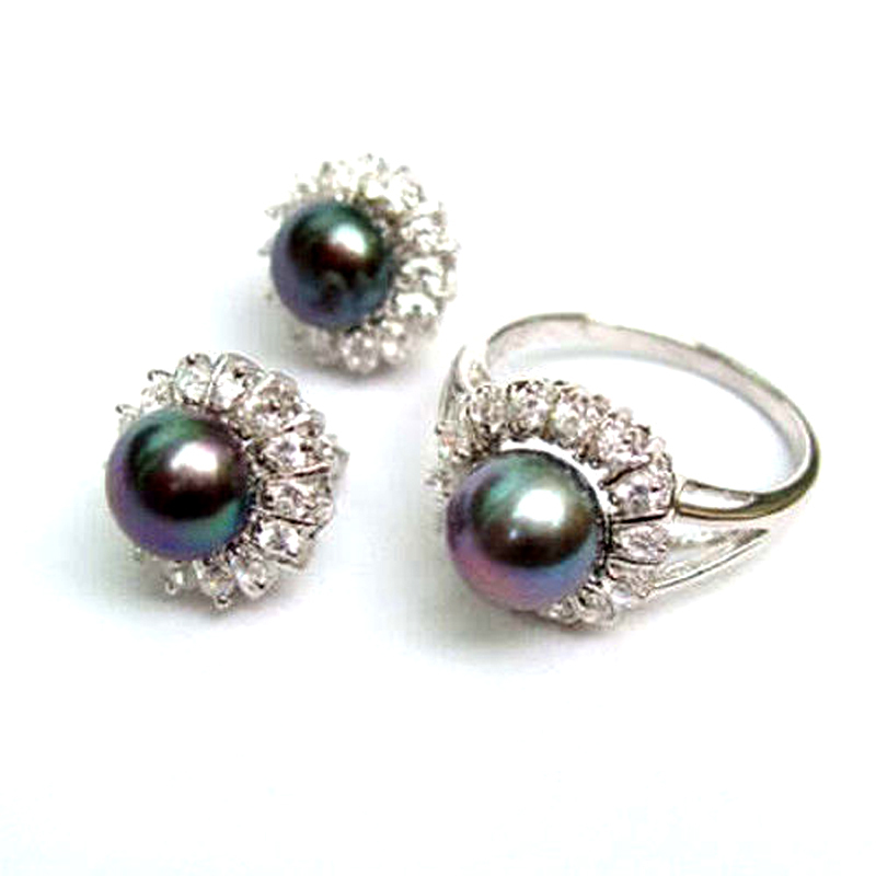Noblest Silver Natural black akoya pearl Ring + Earrings AAA Grade