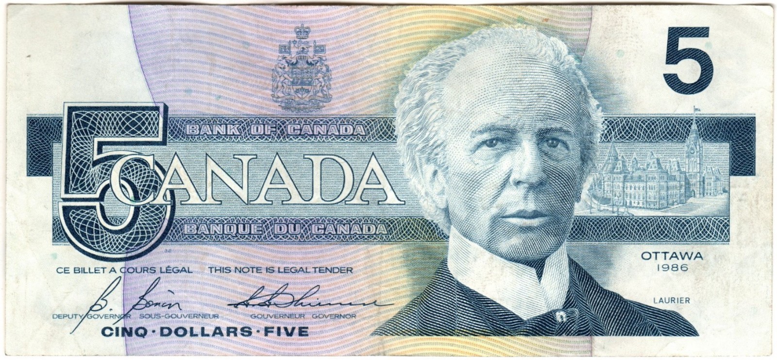 canadian 5 dollar bank note 1986 GOA7579061 circulated