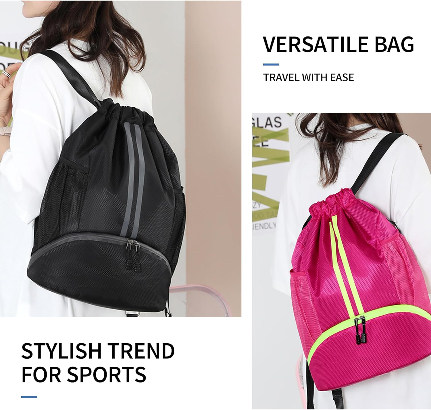 Drawstring Backpack Gym Bag with Shoes Compartment for Soccer, Basketball, Swim,