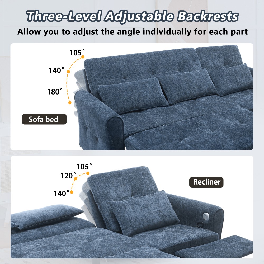 82" Blue Chenille Sofa Bed w/ Reversible Recliner, Adjustable Backrest, USB