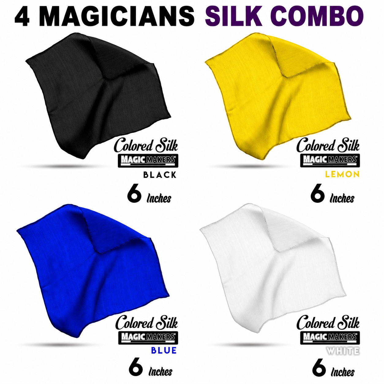 4 Set MAGICIANS 6" SILKS Magic Trick Yellow Blue Black White Perfect Thumb Tip