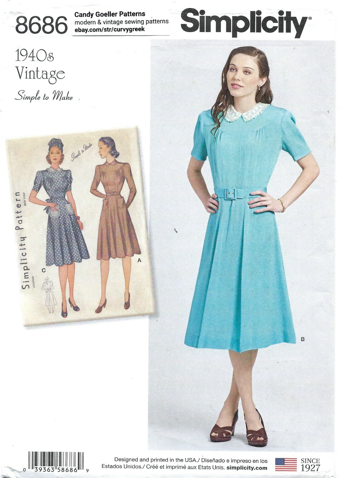 Simplicity 8686 Belted One Piece Dress Gathered to Yoke Sz 14-22 1940s Repro