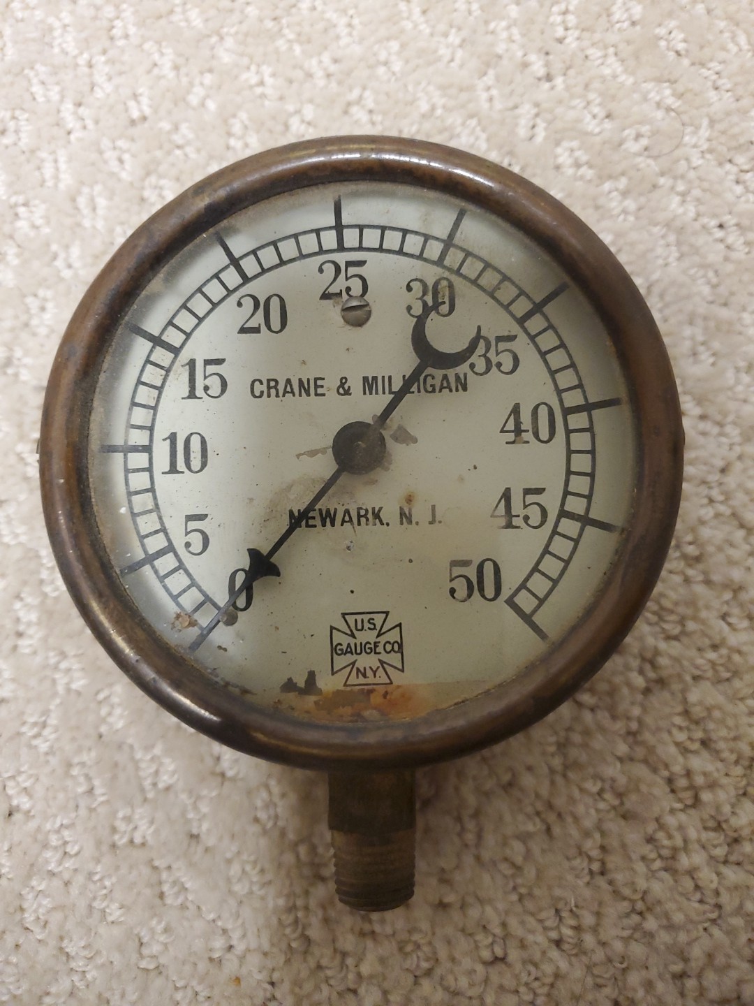 Vintage Pressure Gauge 50 PSI US GAUGE Crane & Milligan  NEWARK .N.J.