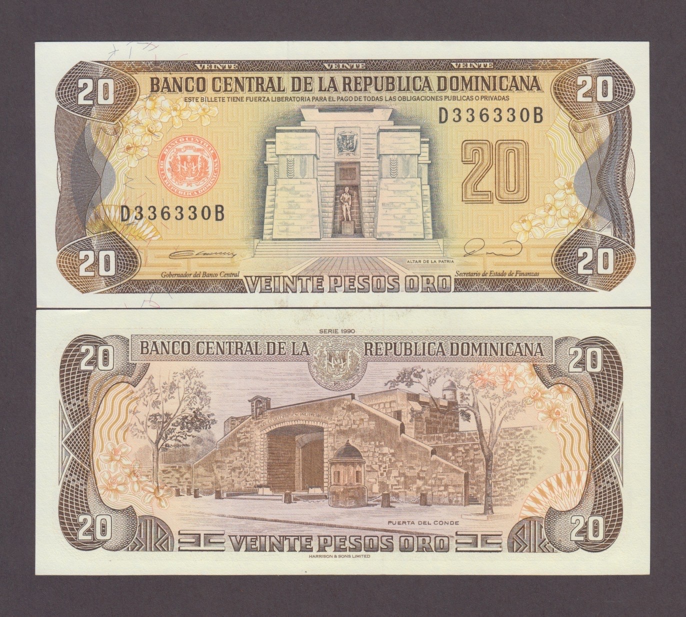 DOMINICAN REPUBLIC P.133 20 PESOS ORO 1990 PFX D/B  UNC  WE COMBINE 2605