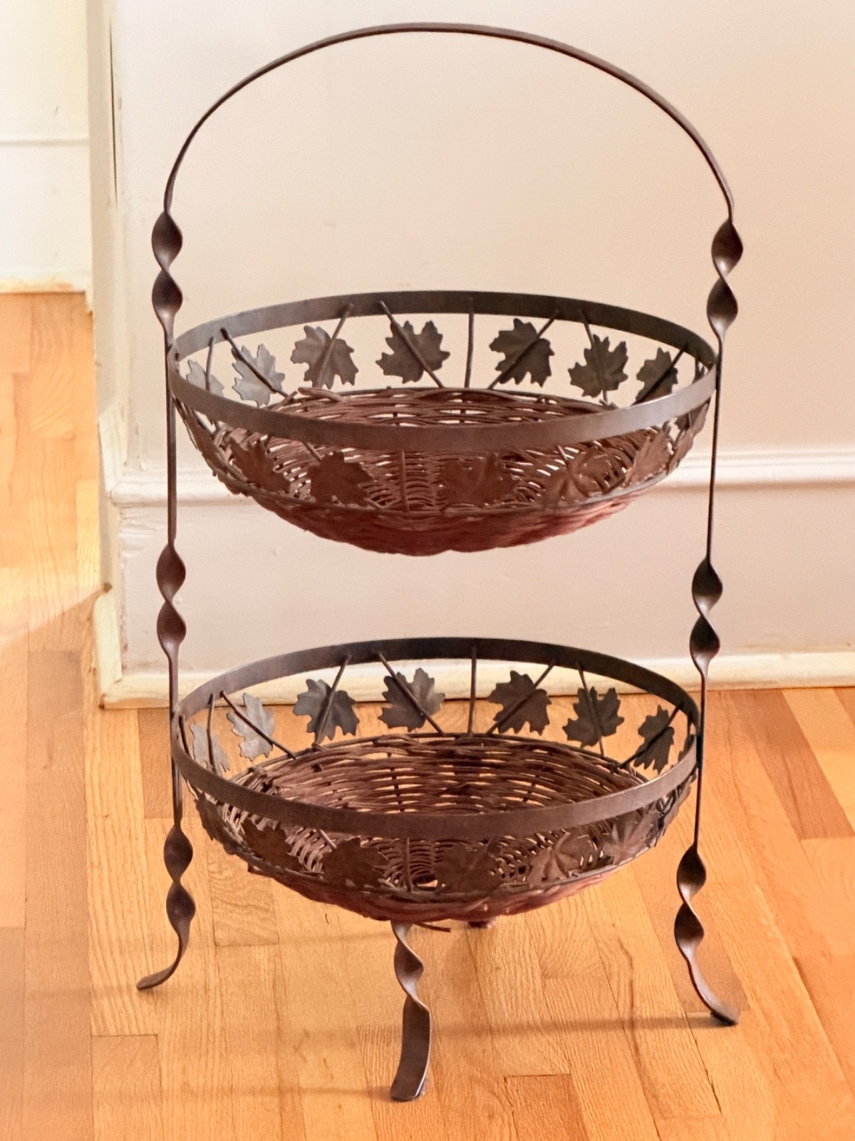 Two Tiered Iron Leaf and Wicker Basket Stand with Bowl Baskets