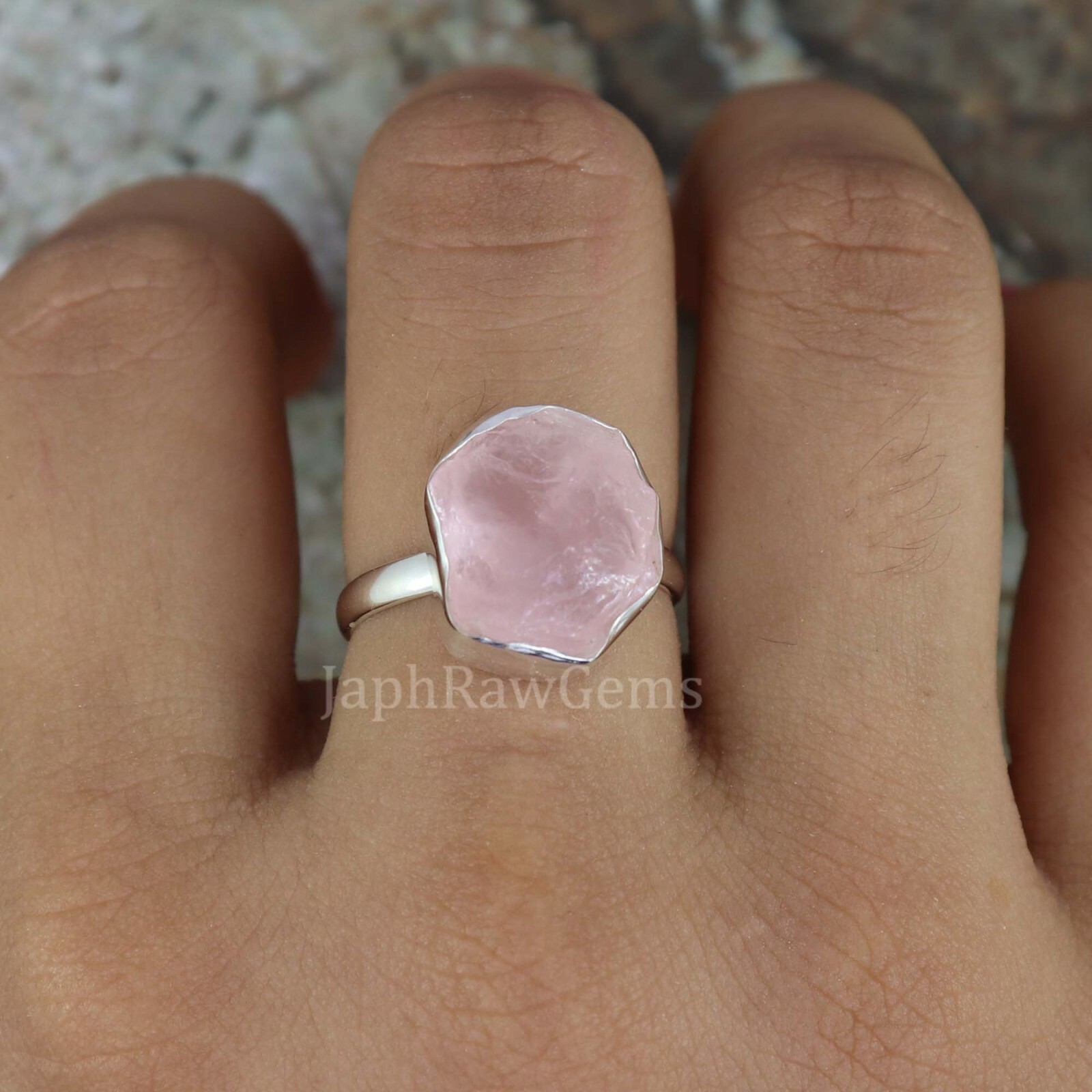 Natural Rough Rose Quartz Sterling Silver Healing Crystal Minimalist Girls Ring