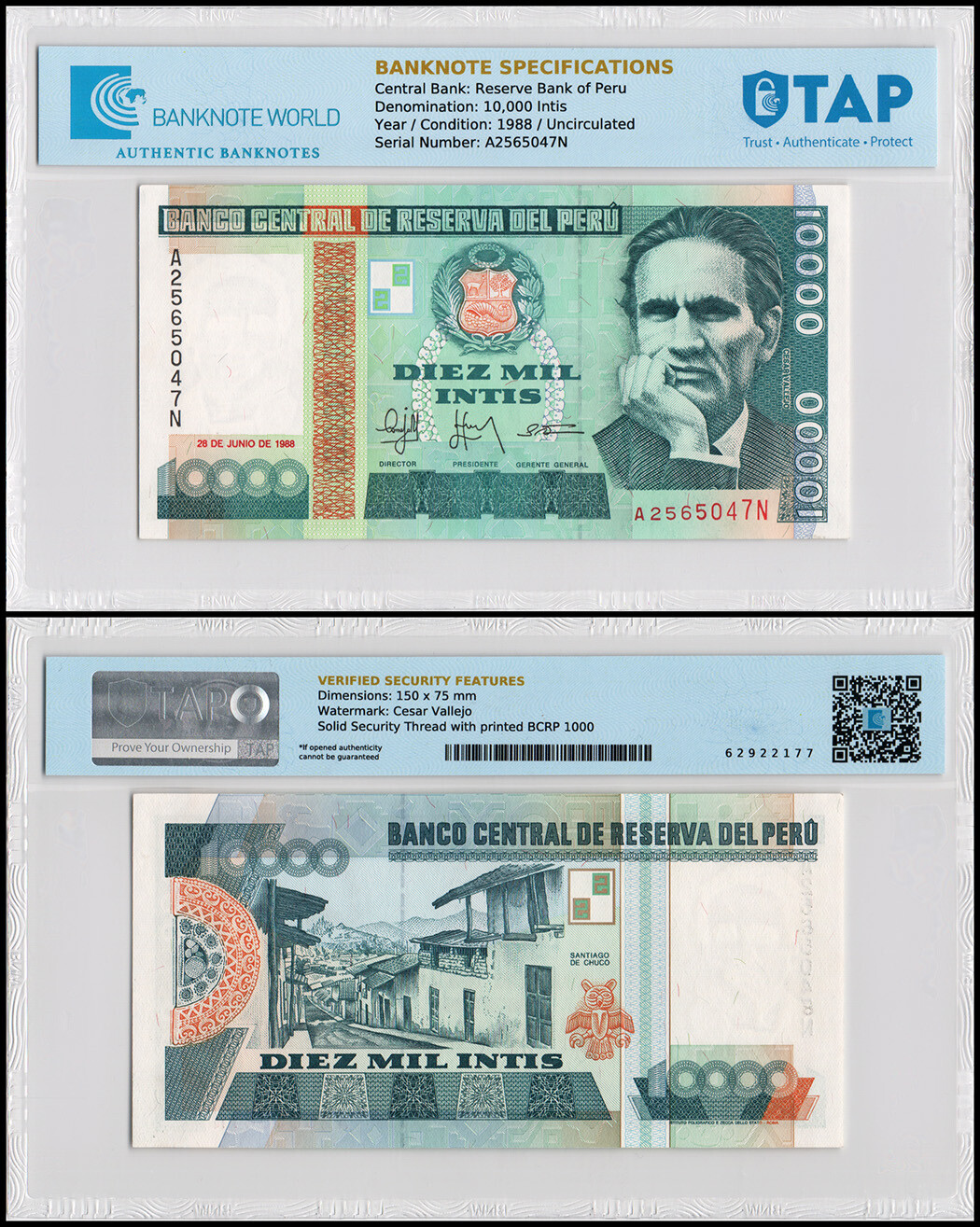 Peru 10000 Intis, 1988, P-140, UNC, Authenticated Banknote
