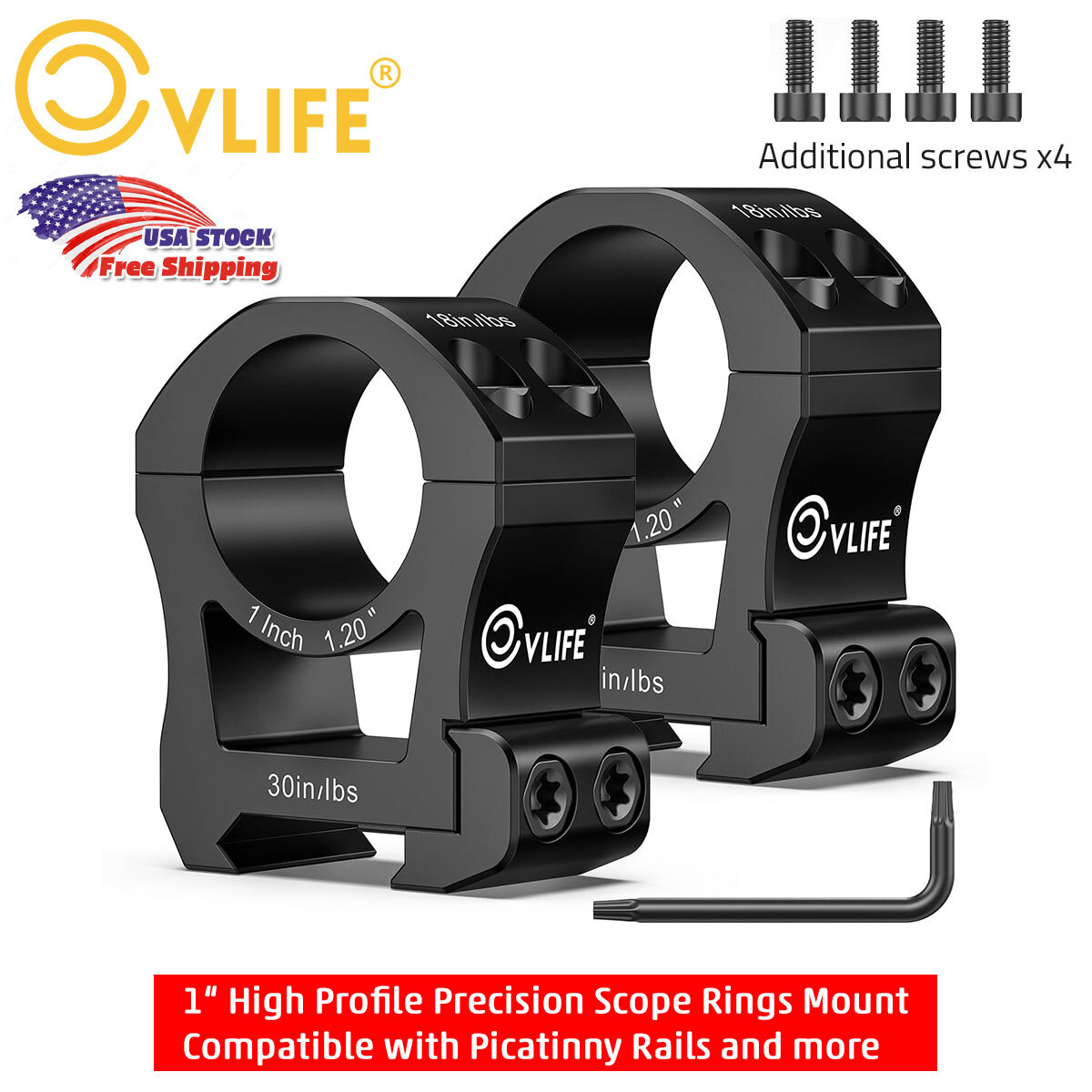 High Profile 1"/25.4MM Precision Scope Ring Mount Compatible with Picatinny Rail