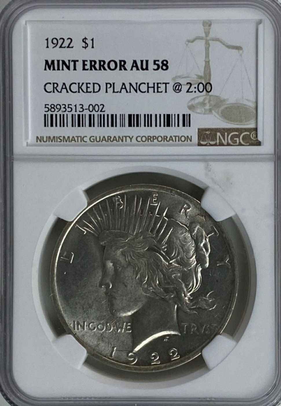 1922 $1 Peace Dollar . NGC Mint Error Cracked Planchet AU 58