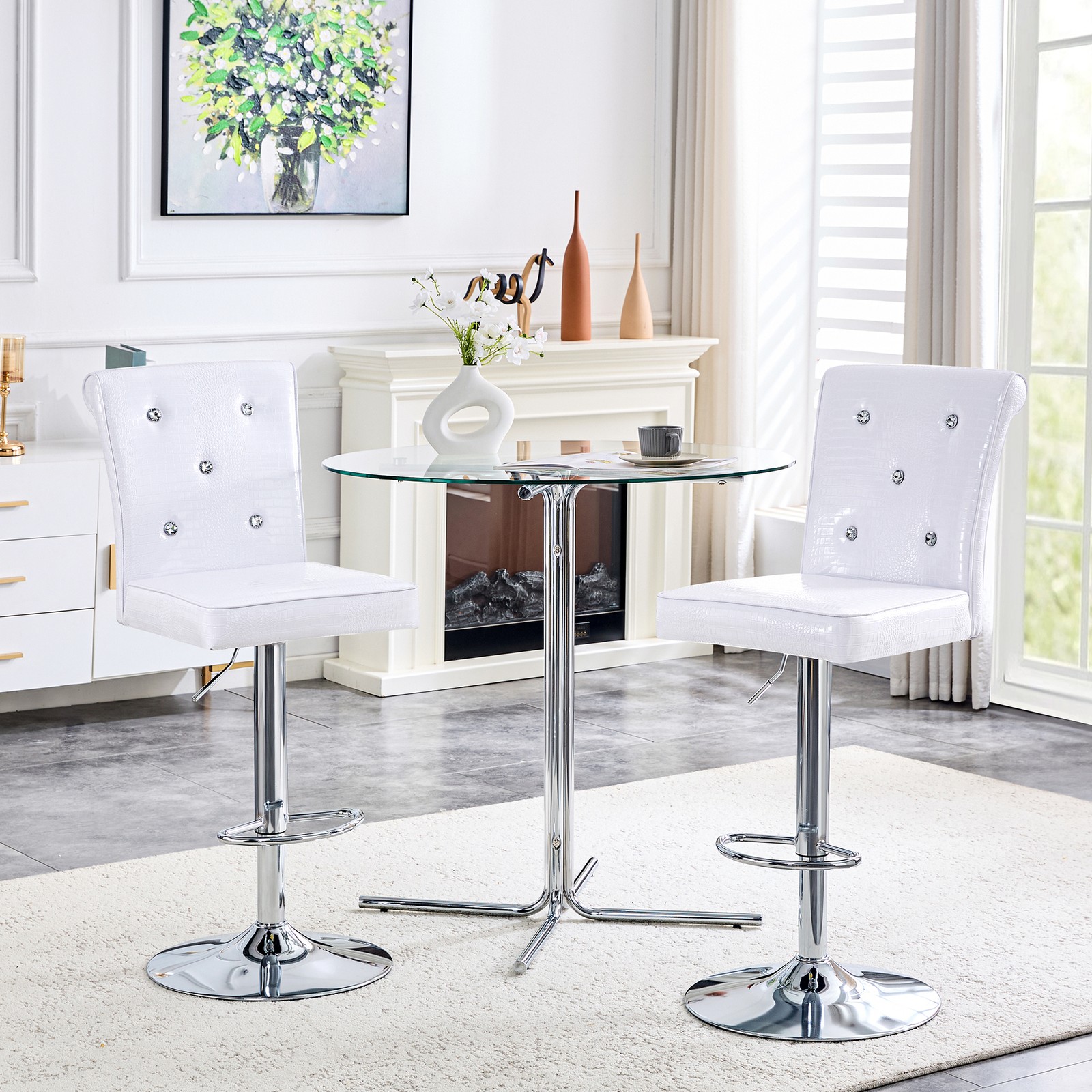 Bar Table & Stools Set, Round Glass Top Pub Table w/ Silver Chrome Base