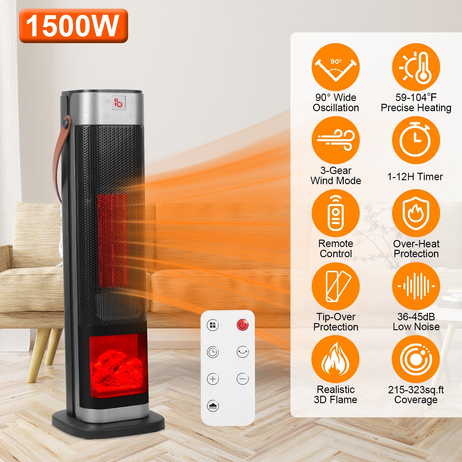 Space Heater 90°Oscillating 1500W Electric Ceramic Tower Heater w/Remote Control