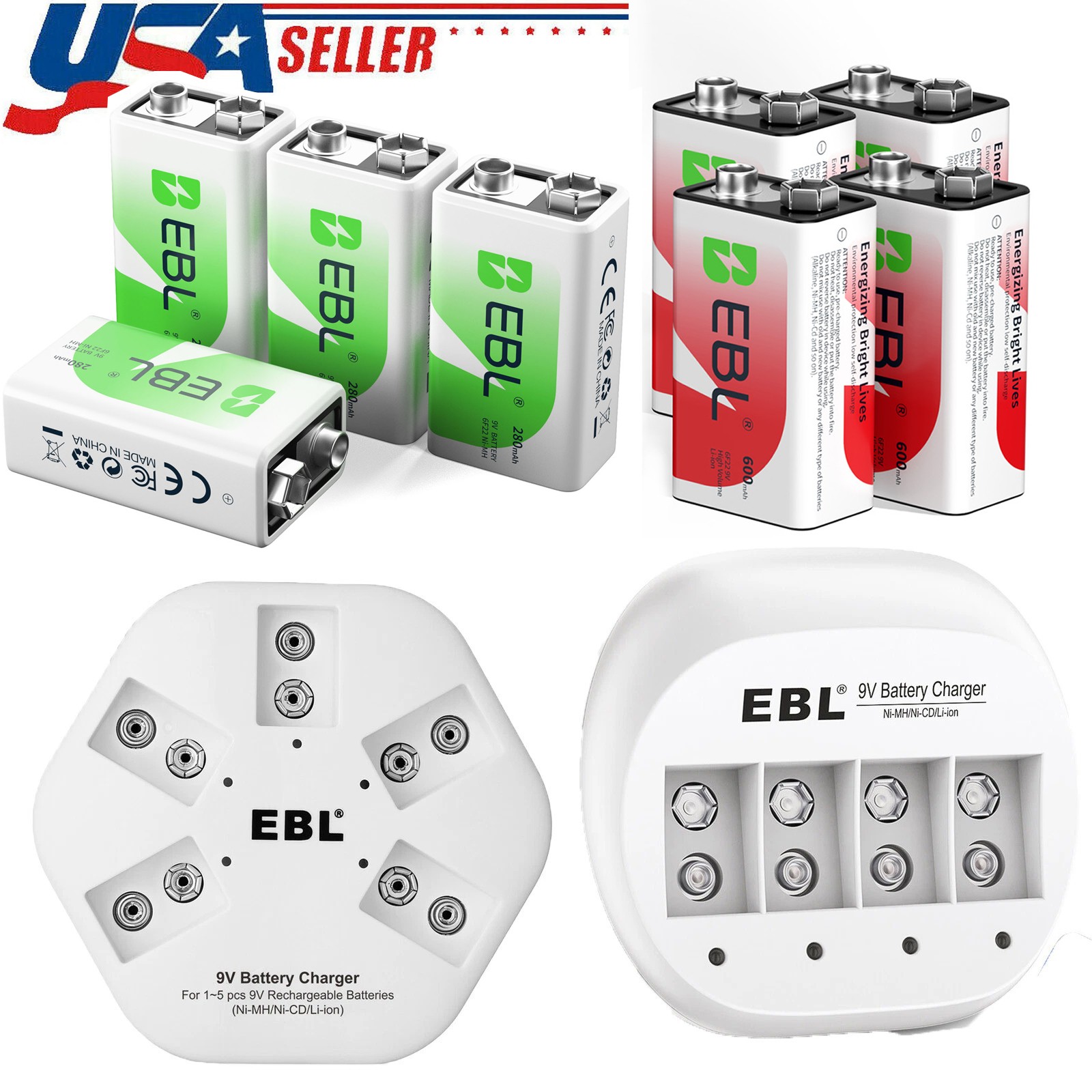 EBL 600mAh 9V Rechargeable Li-ion Batteries / 4 or 5 Bay 9V Battery Charger Lot