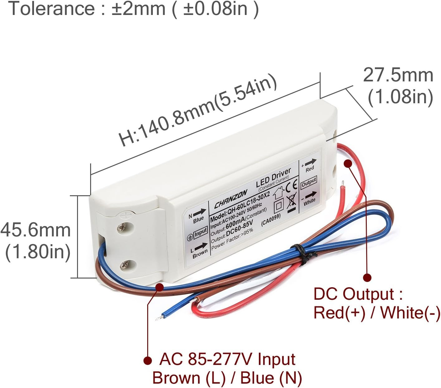 Chanzon LED Driver 600Ma (Constant Current Output) 60V-85V (Input 110-240V AC-DC