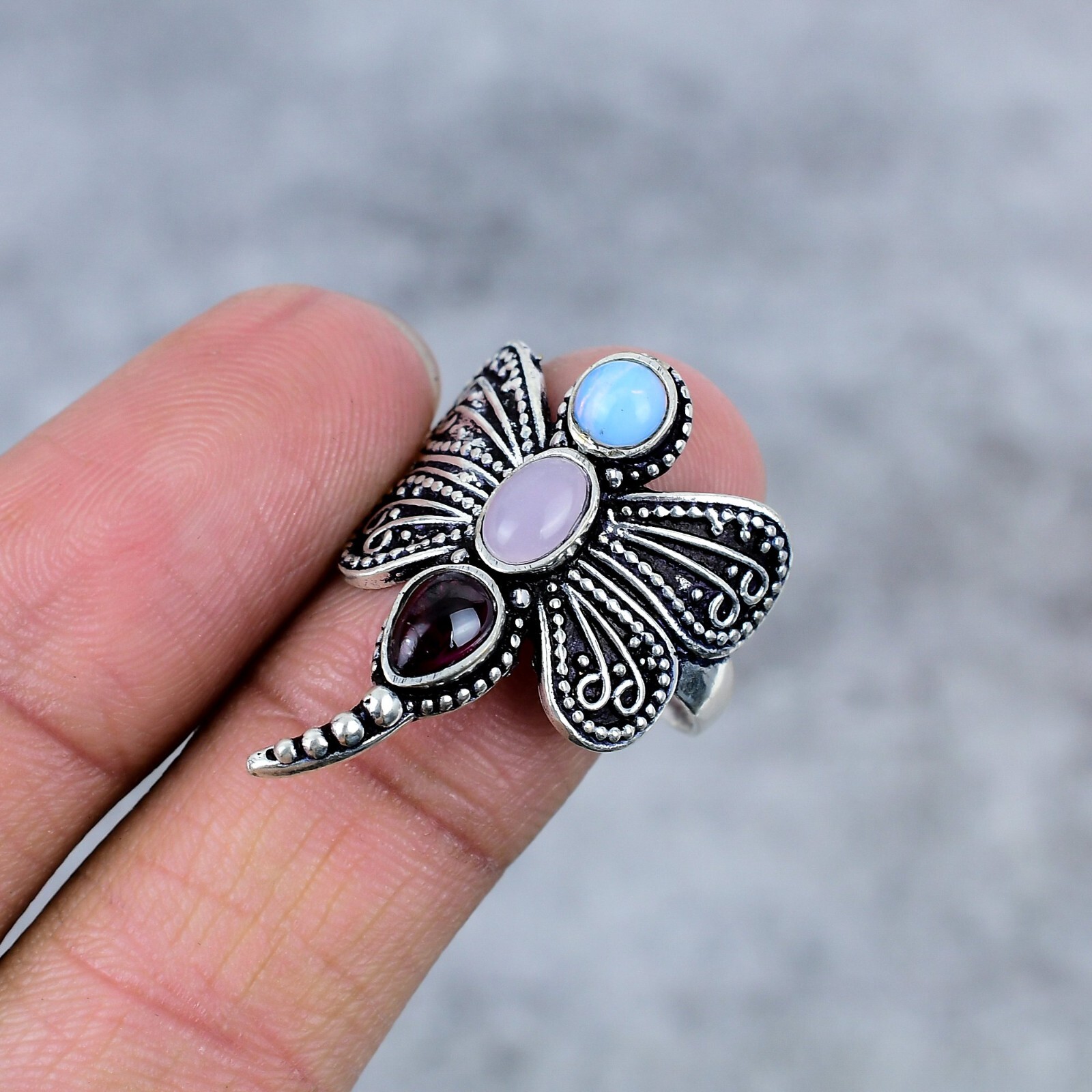 3 Multi Gemstone 925 Sterling Silver Dragon Butterfly Ring Jewelry Gift For Her