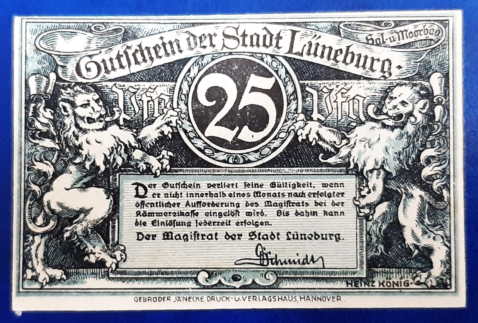 LÜNEBURG NOTGELD 25 PFENNIG 1921 EMERGENCY MONEY GERMANY BANKNOTE (26268)