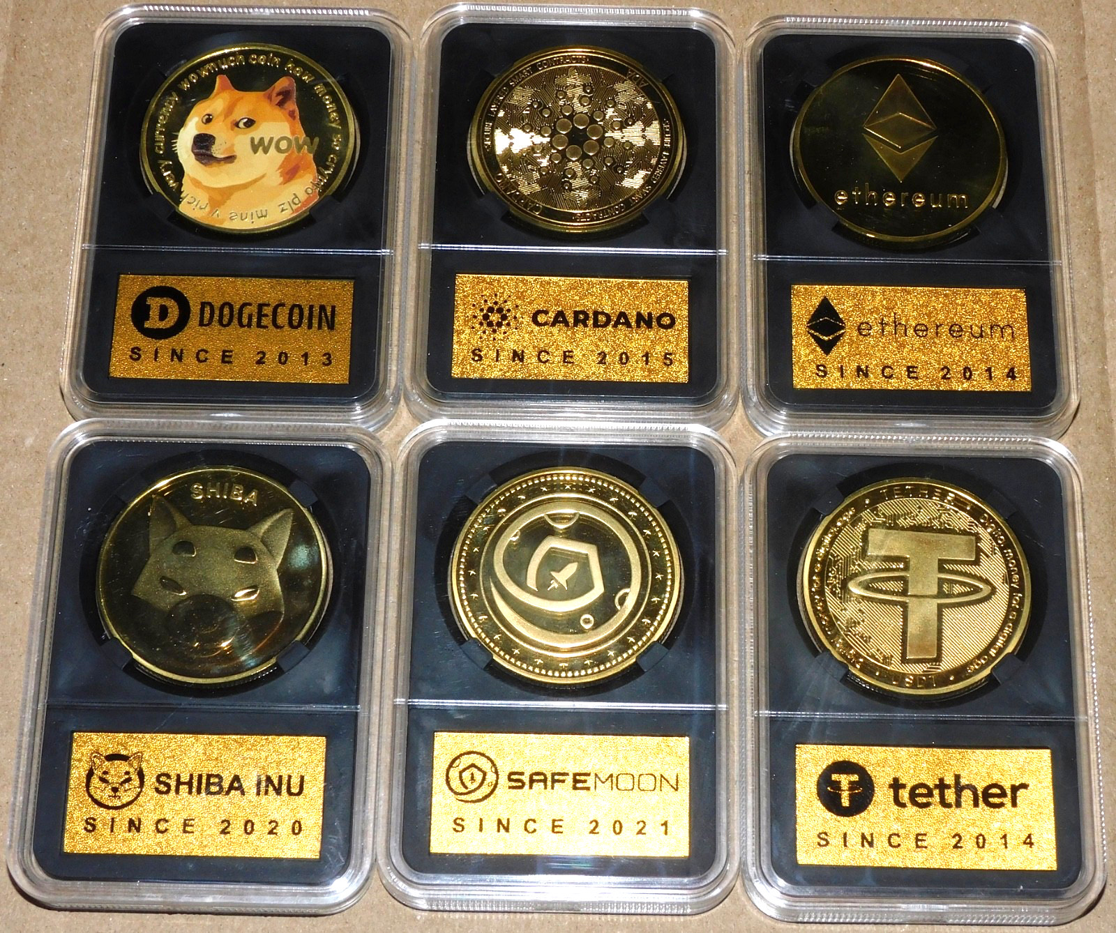 Lot of 6 Gold Plated Crypto Coin Dogecoin Cardano Ethereum Shiba Tether Safemoon