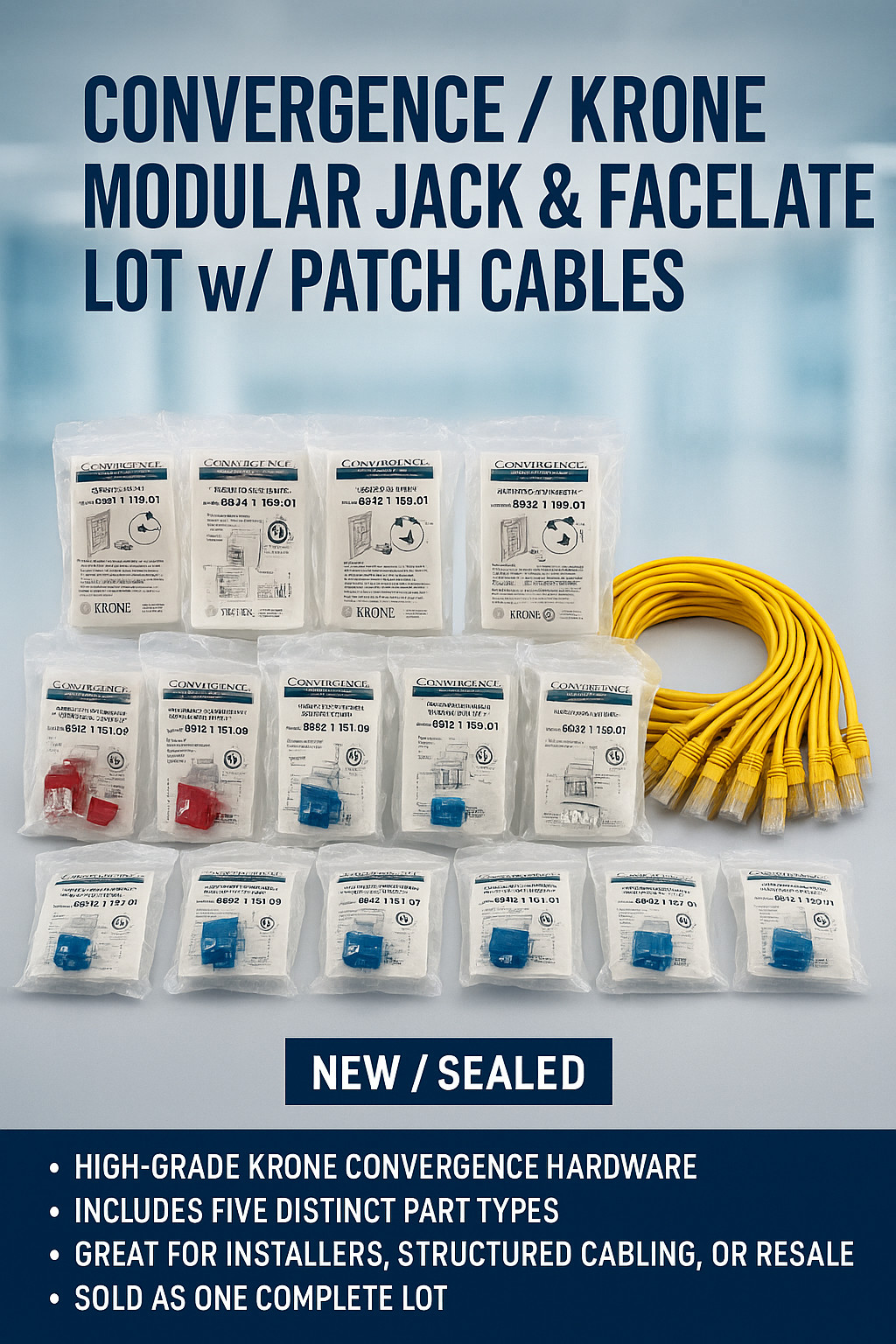 NEW KRONE Convergence Modular Jacks Faceplates Patch Cables LOT 55 PCS - Sealed