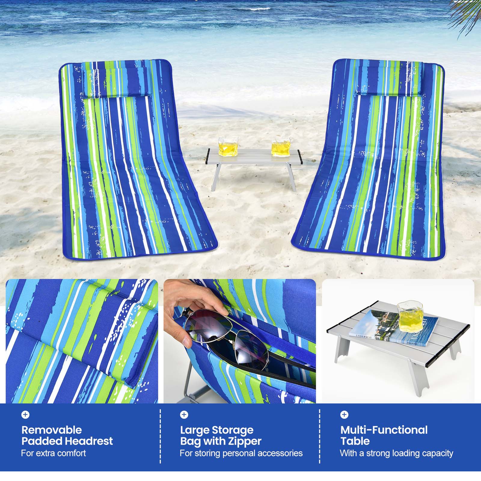 3PCS Folding Beach Mat Set Adjustable Beach Lounge Chair & Side Table Set Stripe