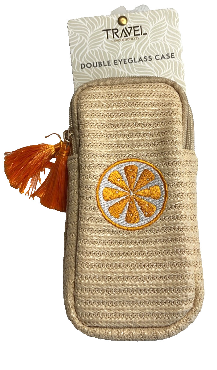 EVOLUTION EYES TRAVEL DOUBLE EYEGLASS CASE ORANGE SLICE 17 x 3 STRAW NWT