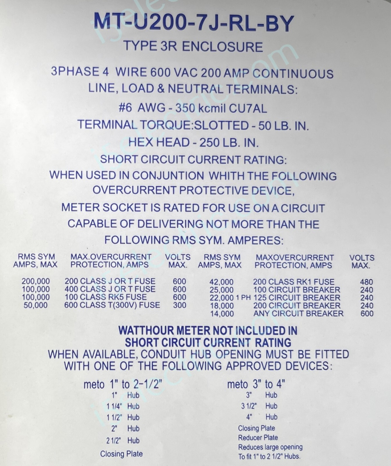 200 Amp Ringless Meter Socket / Base 3 Phase 4 Wire 7 Jaw OH/UG