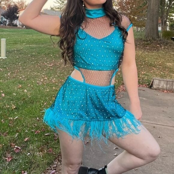 Weissman Elite Rhinestone Mesh Feather Dress Costume in Blue NEW Adult Size L