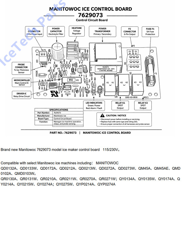 Control Board for Manitowoc Ice 7629073