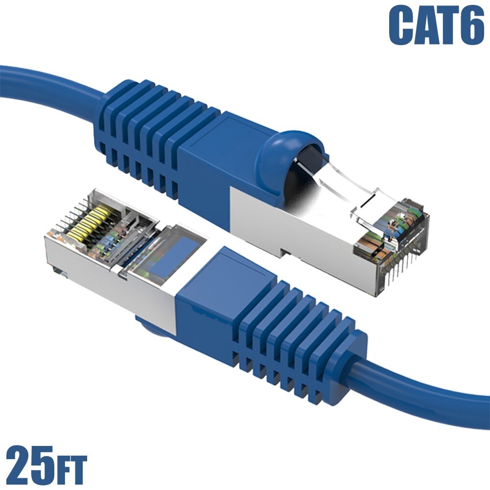 25FT Cat6 RJ45 Network LAN Ethernet SSTP Shielded Patch Cable Copper Wire Blue