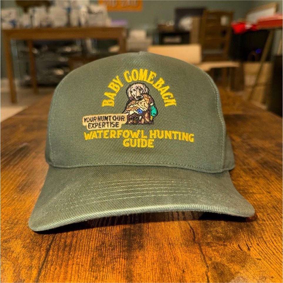 Waterfowl Hunting Guide Green Ball Cap 'Baby Come Back' Embroidered Hat