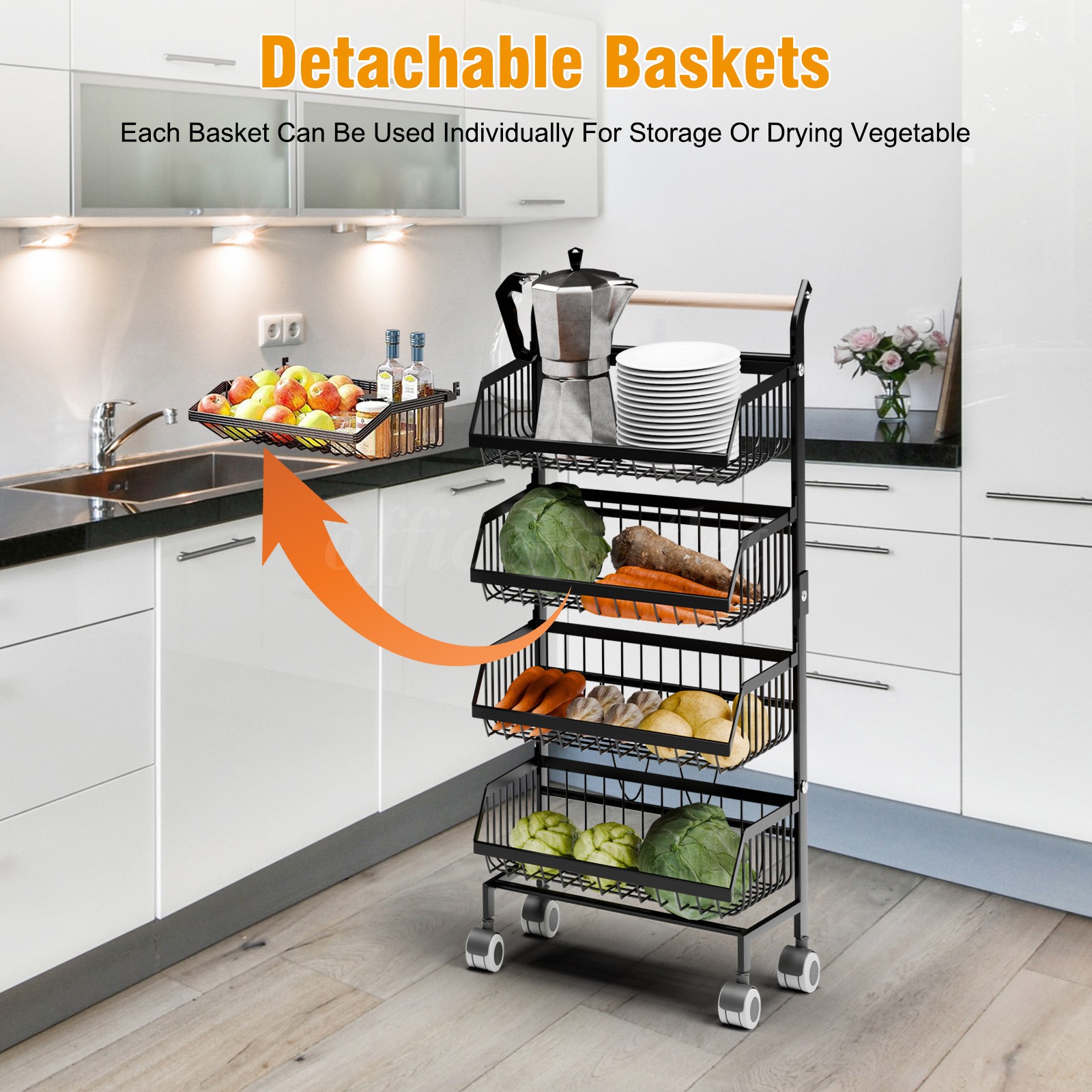 Kitchen Trolley Rack 4 Tiers Utility Rolling Storage Cart Fruit Vegetable Shelf