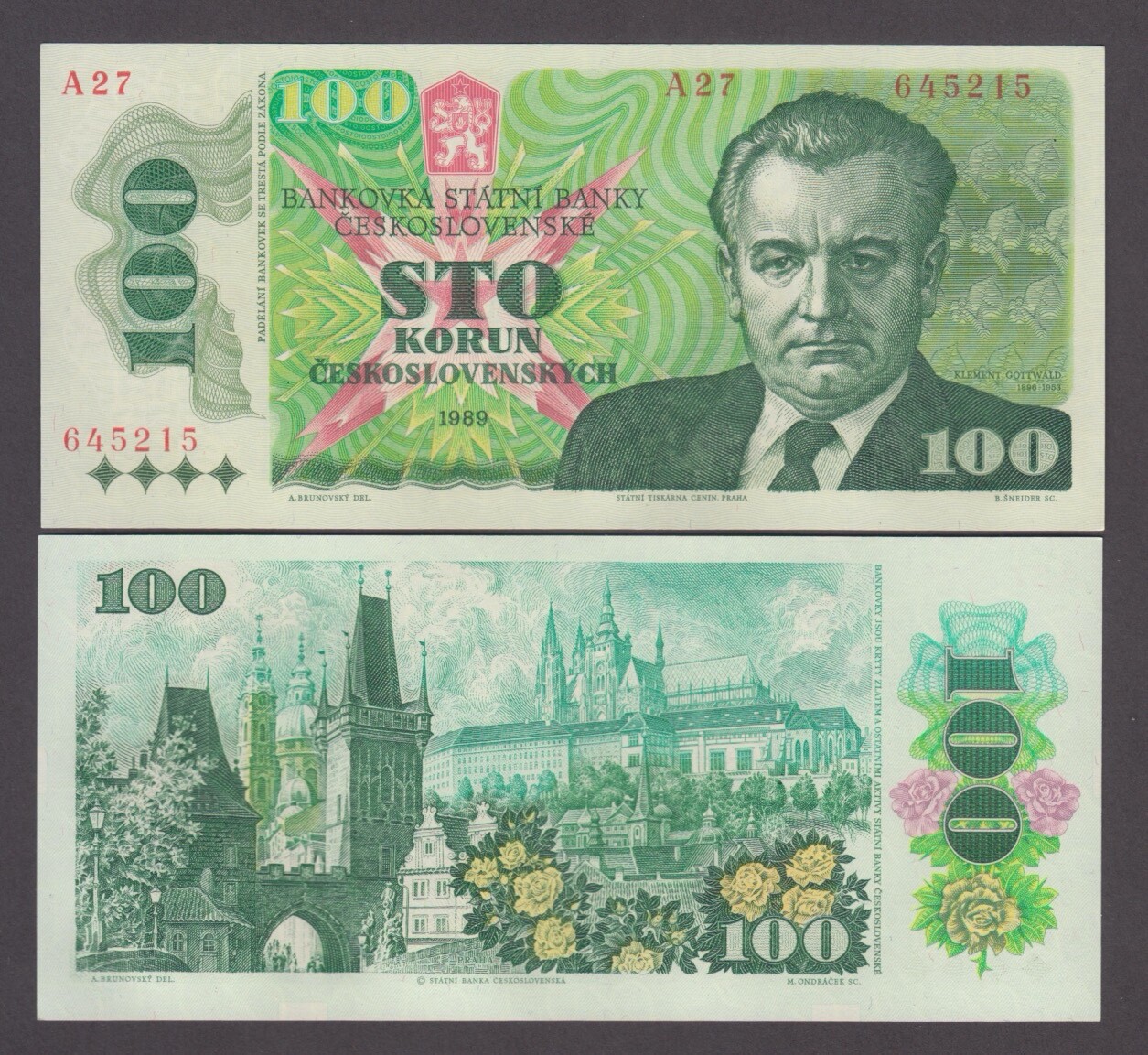 CZECHOSLOVAKIA P.97 100 KORUN 1989 GOTTWALD SHORT LIVED NOTE PFX A27 UNC    2307