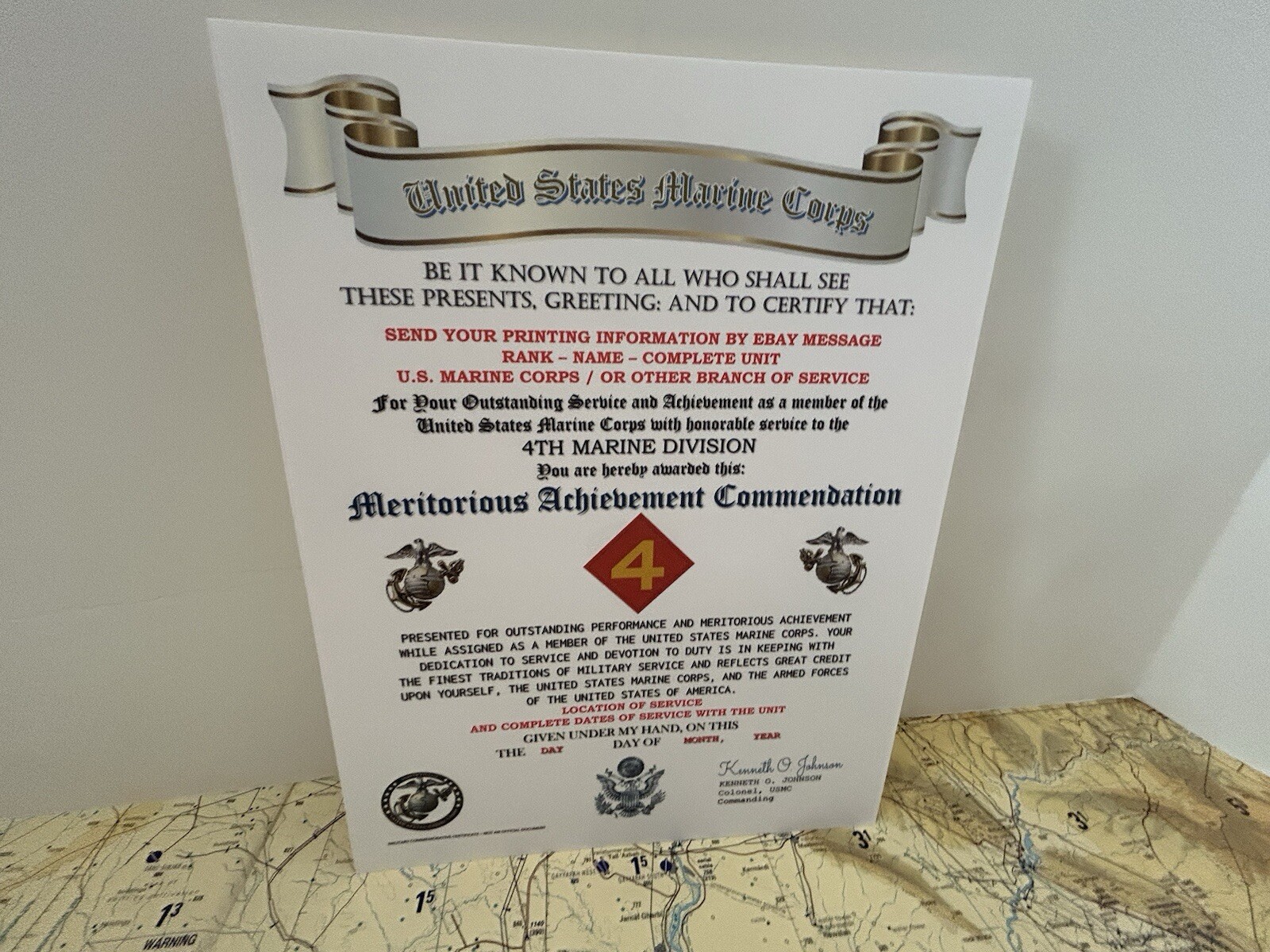 U.S. MARINE CORPS / 4TH MARINE DIVISION - MERITORIOUS ACHIEVEMENT COMMENDATION
