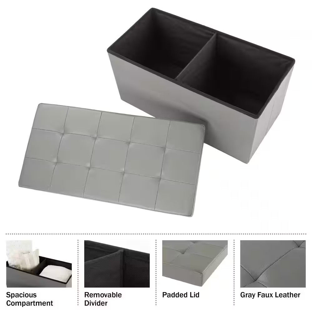Ottoman Storage Bench Gray Folding Faux Leather Footrest Entryway Chest Stool PU