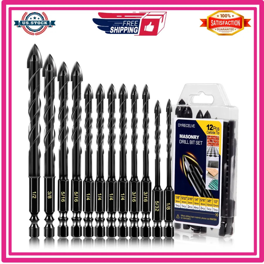 12 Piece Masonry Drill Bit Set Carbide Cross Tip 1/4 Hex Shank For Concrete B...