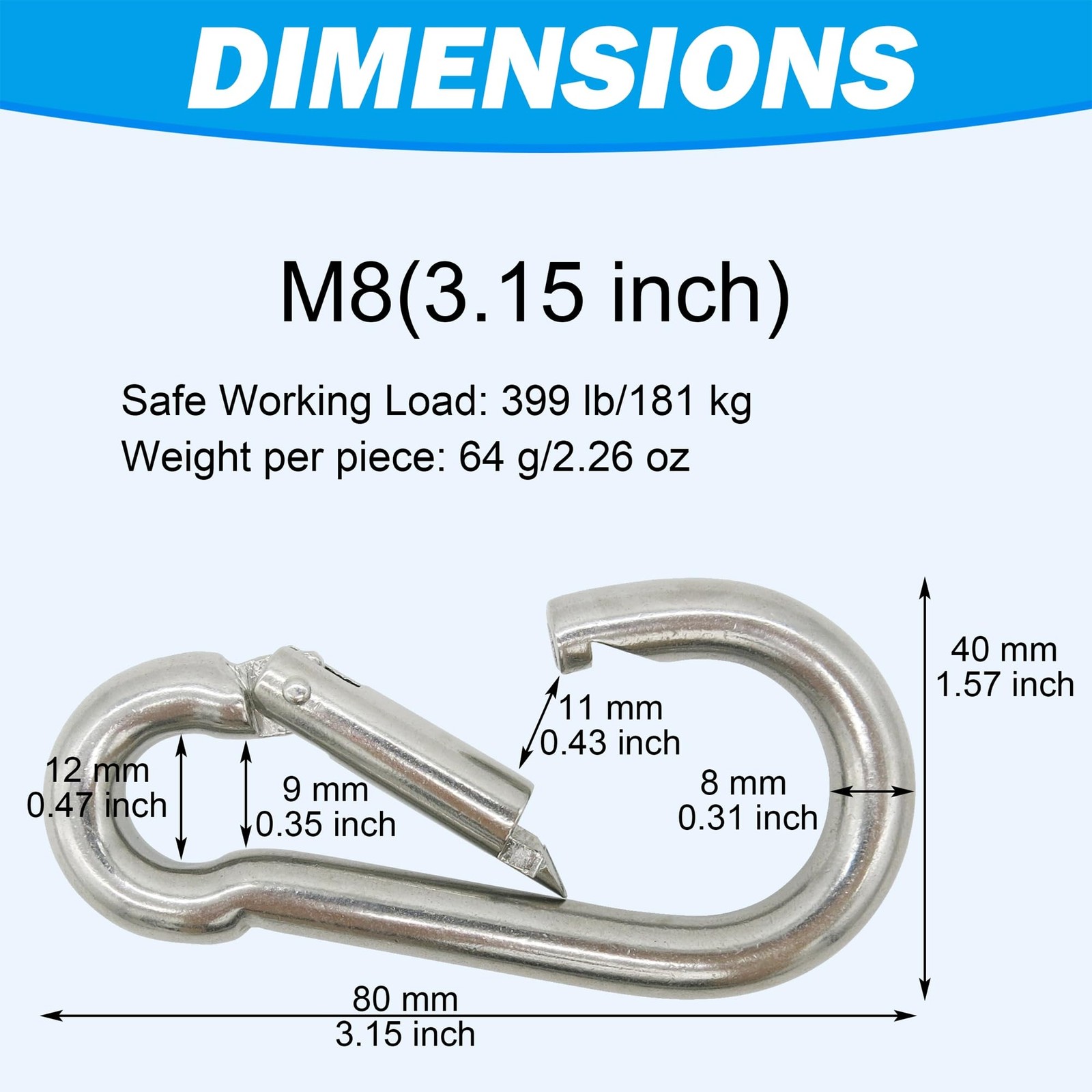 4 Pack 3.15" Large Spring Snap Hook Carabiner Stainless Steel Spring Snap Hooks