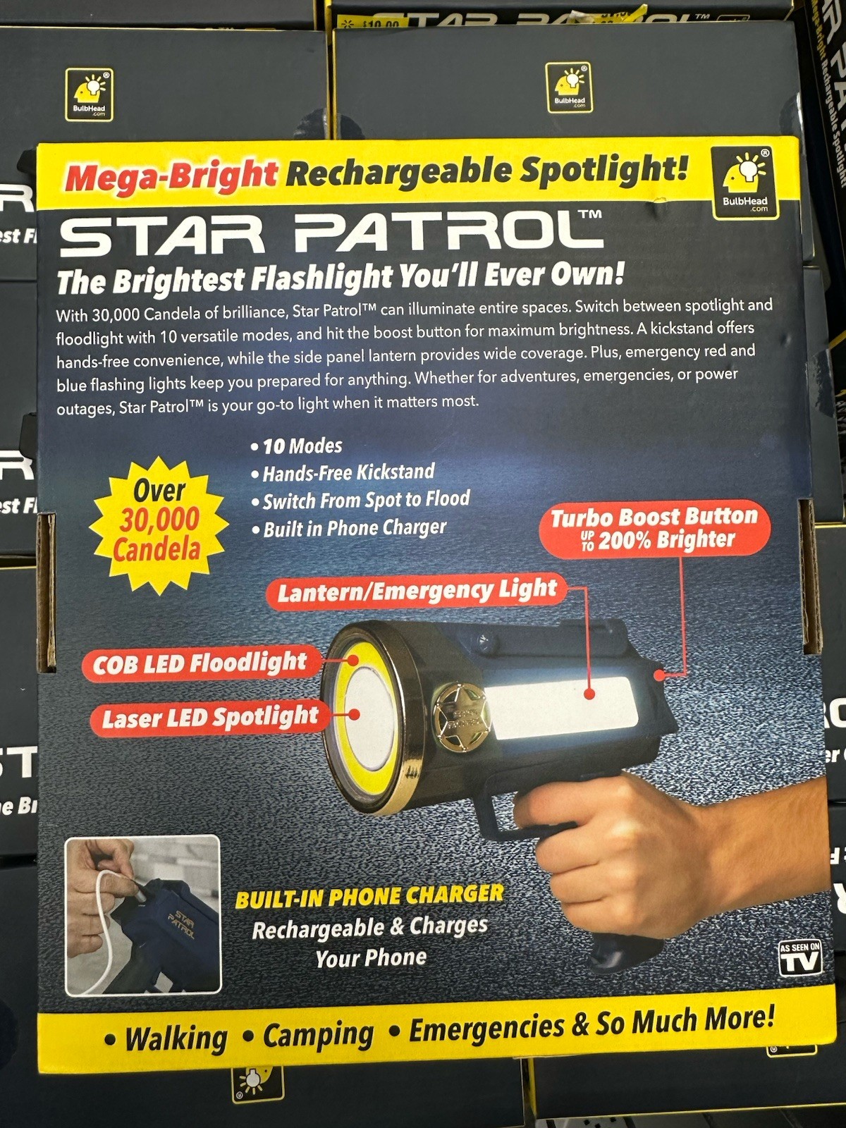 Star Patrol Mega-Bright Rechargeable Spotlight Emergency Flashlight w/ 10 Modes
