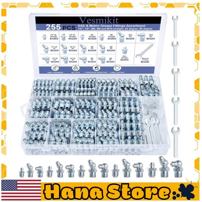 Grease Fittings Assortment 255PCS SAE & Metric Zerk 1/4 1/8 M6 M8 M10 straight