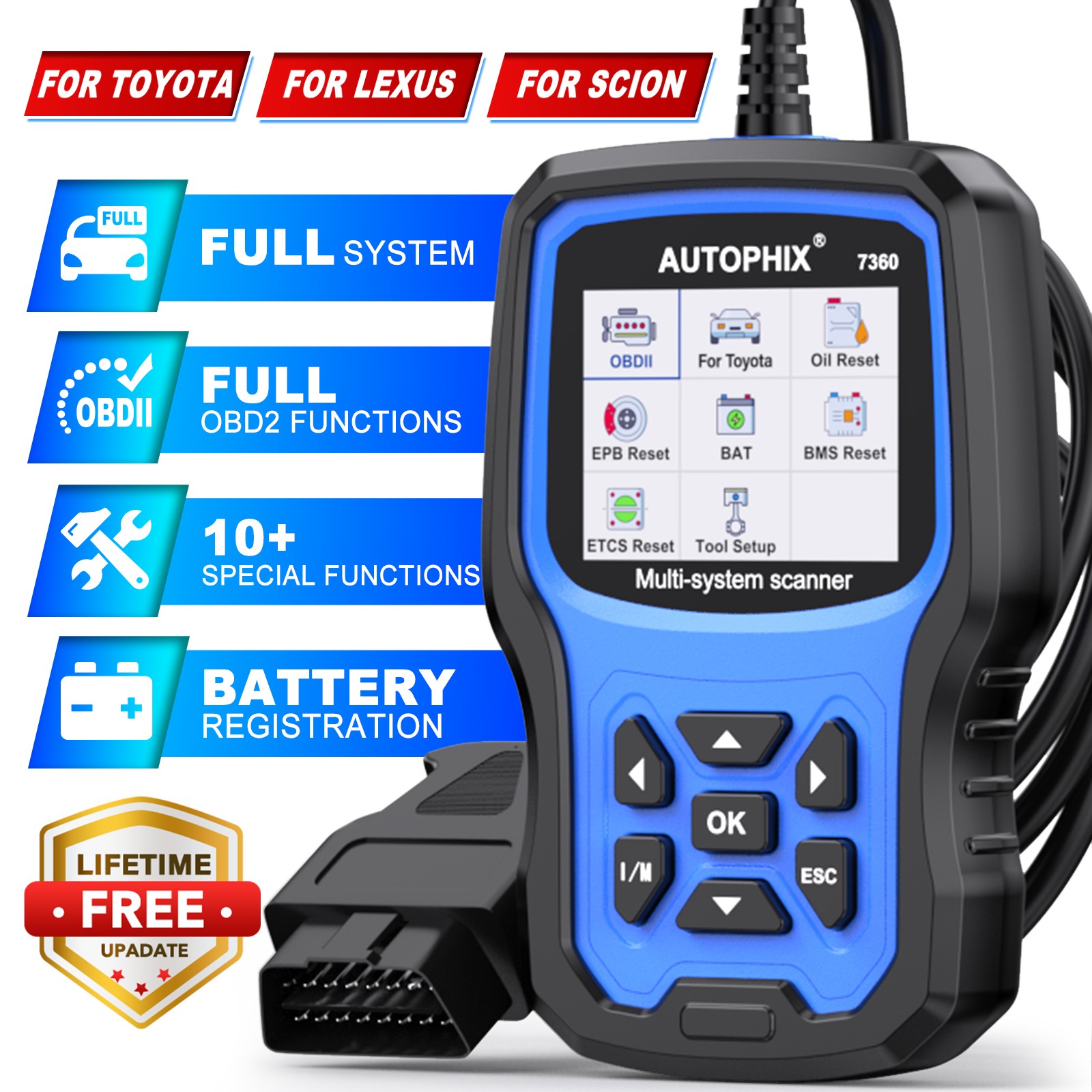 For Toyota All System OBD2 Scanner Diagnostic Scan Tool EPB TPMS BMS Oil Reset