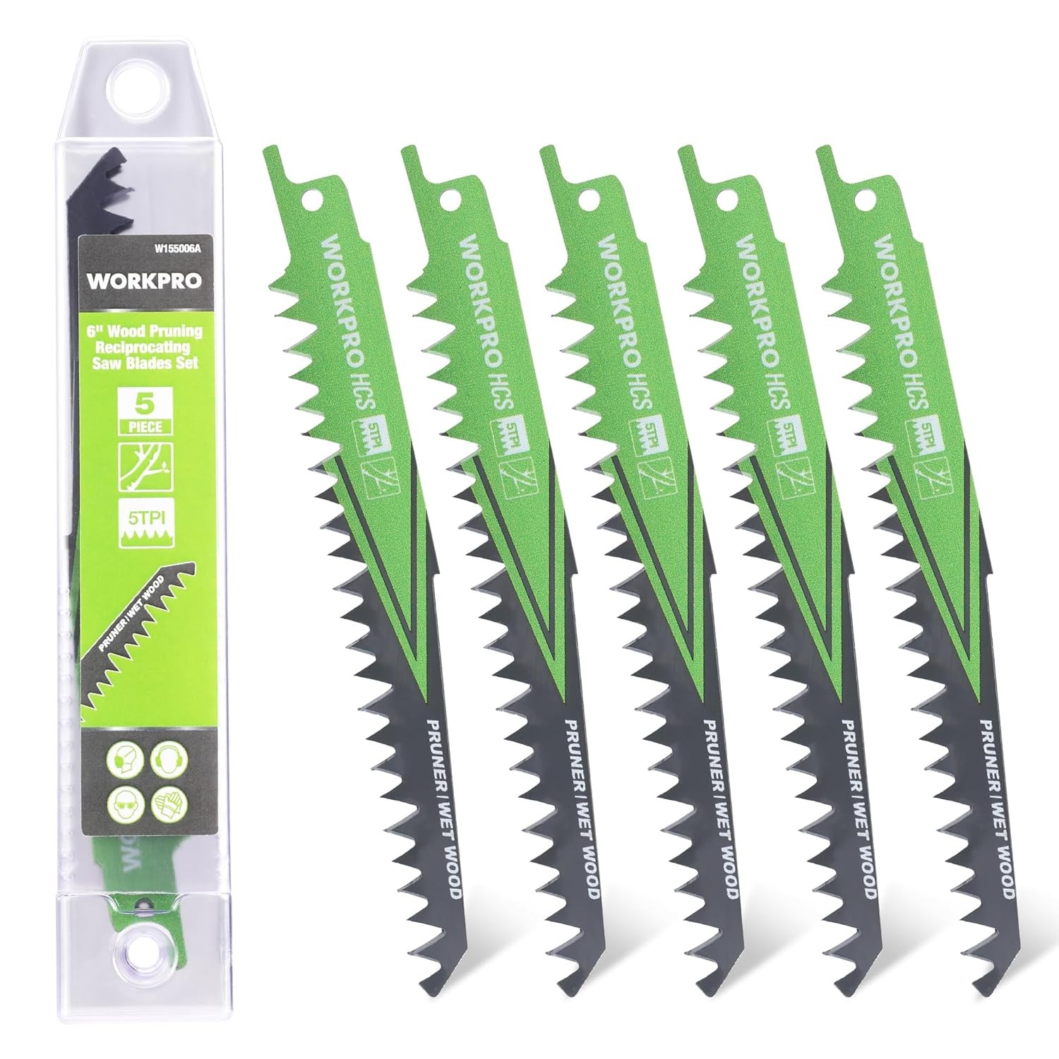 WORKPRO 6" Wood Pruning Reciprocating Saw Blade Set, 5TPI Pruning Saw Blades for