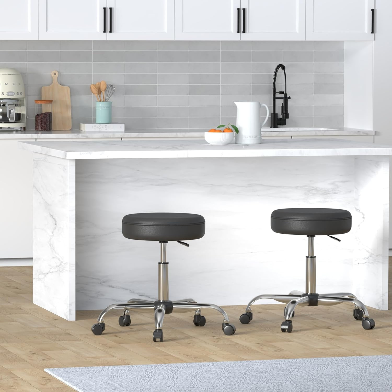 Drafting Spa Bar Stool with Wheels, Height Adjustable Swivel, Black, 22.05" D...