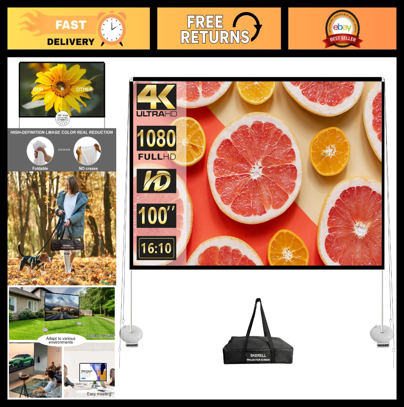 100" Portable Outdoor Projector Screen with Stand - 4K HD Movie Screen for Backy