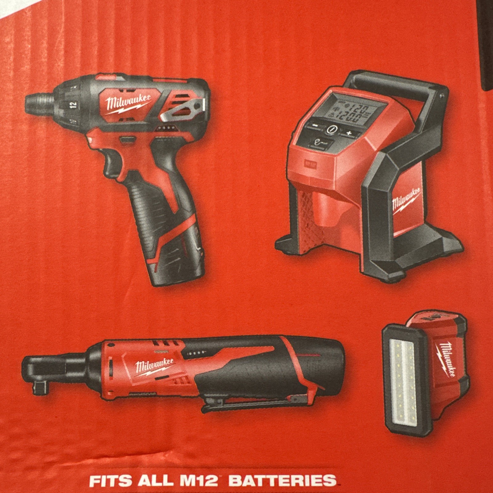 Milwaukee M12 Combo Kit 2493-24 Cordless Driver,Inflator, 3/8 Ratchet,Flashlight