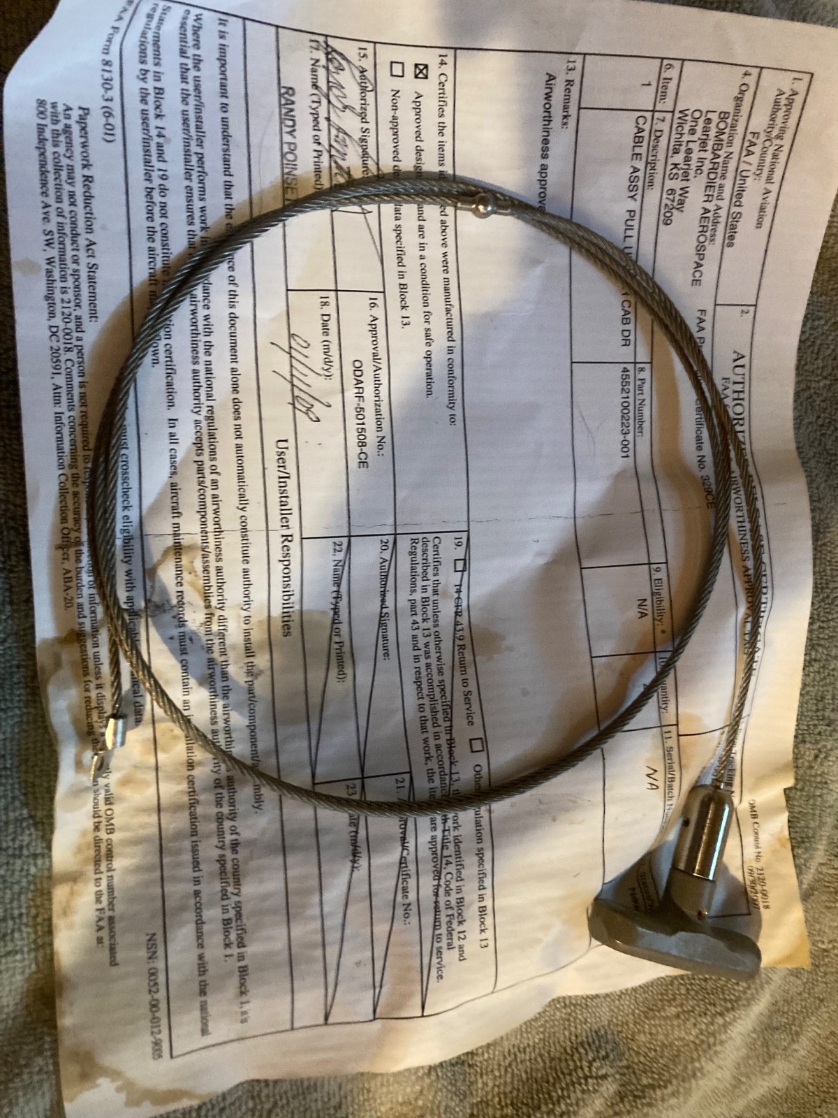 Bombardier Aerospace Cable  4552100223-001 New surplus