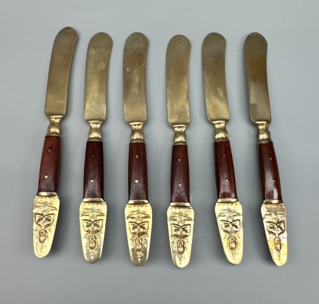 6 Samran Thailand Butter Knives Spreaders Gold Tone Bronze? Wood Handles #1