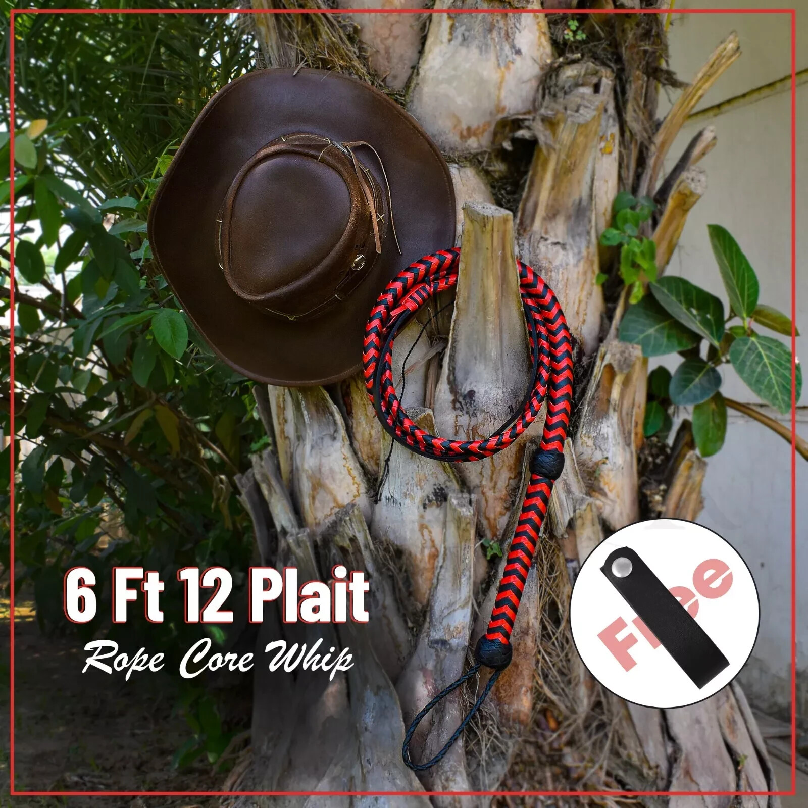 6-Foot Red & Black Indiana Jones Style Bullwhip Genuine Leather, 12-Plait Desi