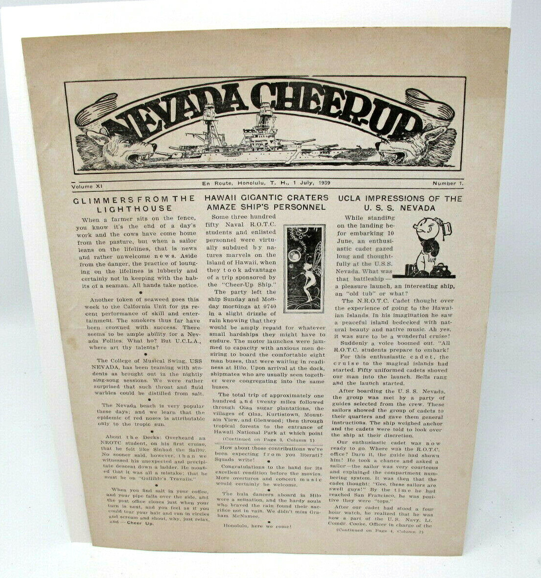 USS NEVADA BB-36 CHEER-UP 1 JULY 1939 Ship Published Weekly Newspaper Original