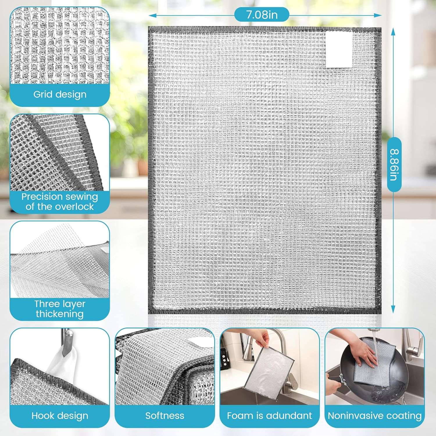 Non Scratch Wire Dishcloth,New Upgrade 3-Layer,12Pcs,7.08"X8.86" | Multipurpose