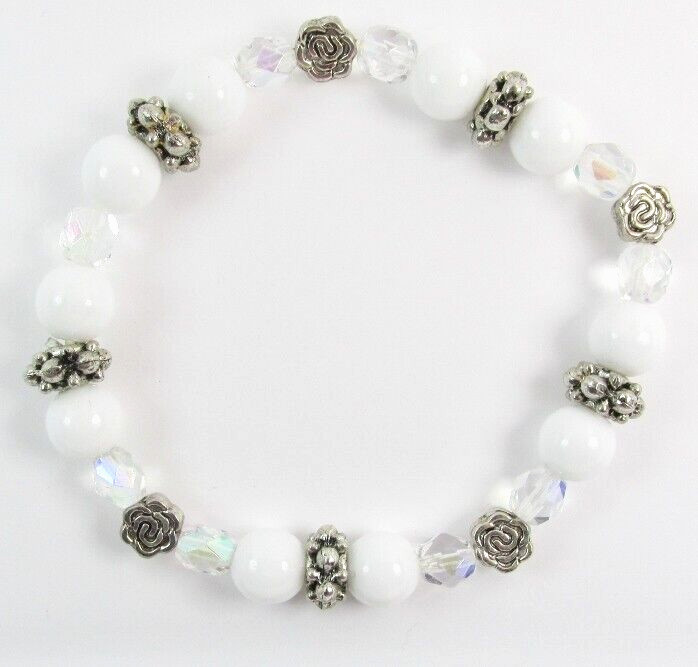 OOAK Stretchable HANDMADE white clear beaded bracelet OOAK