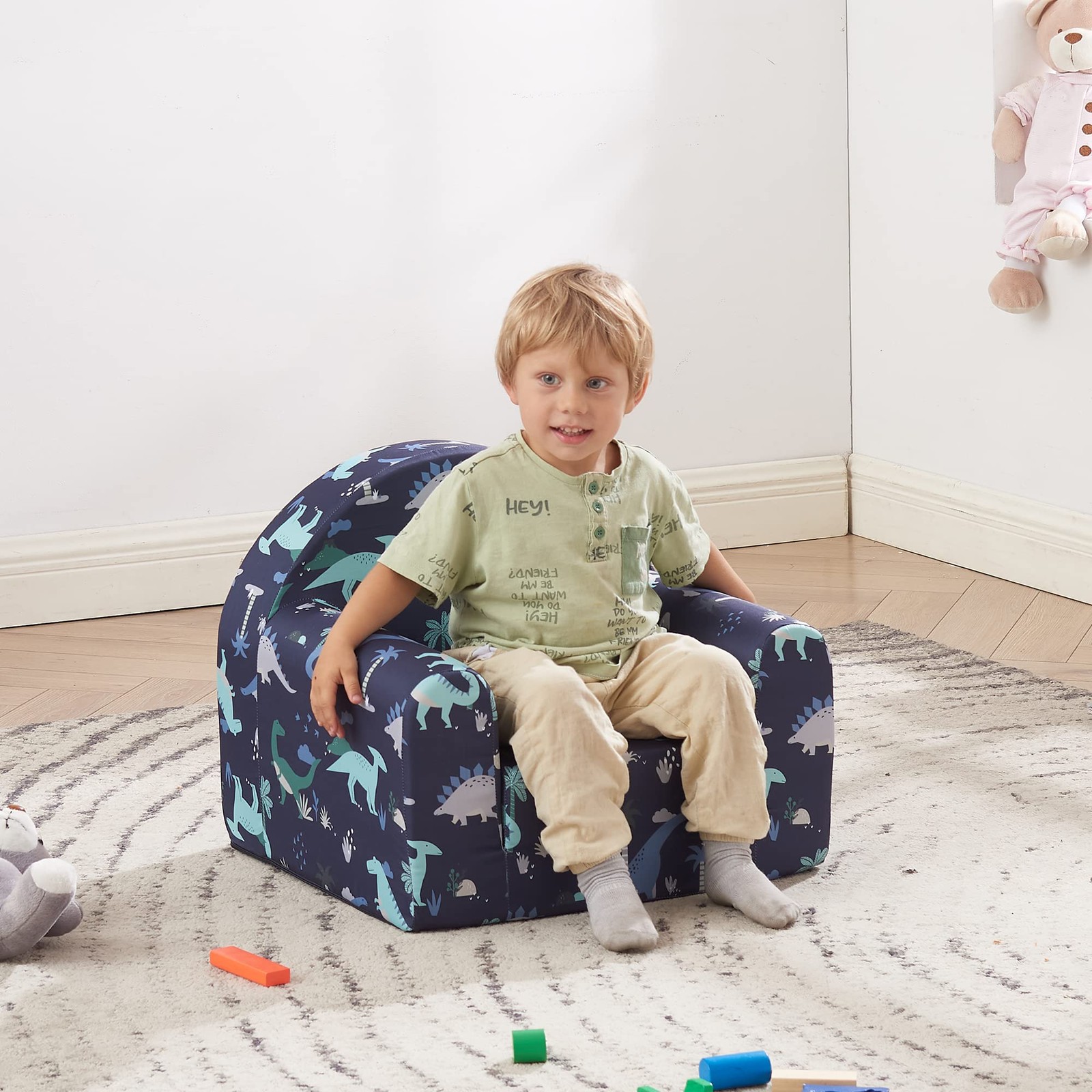 Kids Sofa Couch, 2-in-1 Flip Out Toddler Couch, Baby Lounge Chair (Navy Dinos...