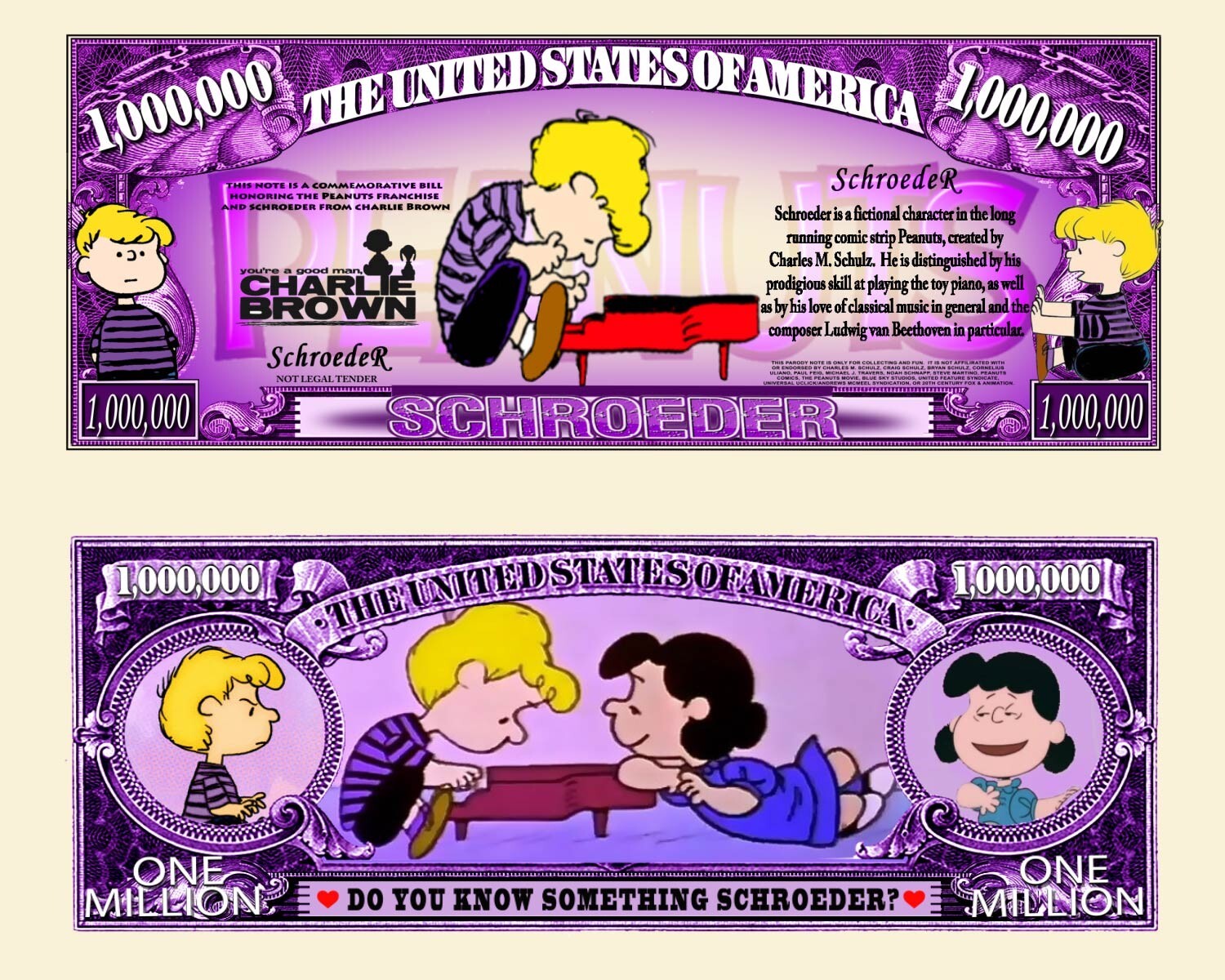 Schroeder Bill Million Dollar US! Charlie Brown Piano Snoopy Peanuts Comics Bd