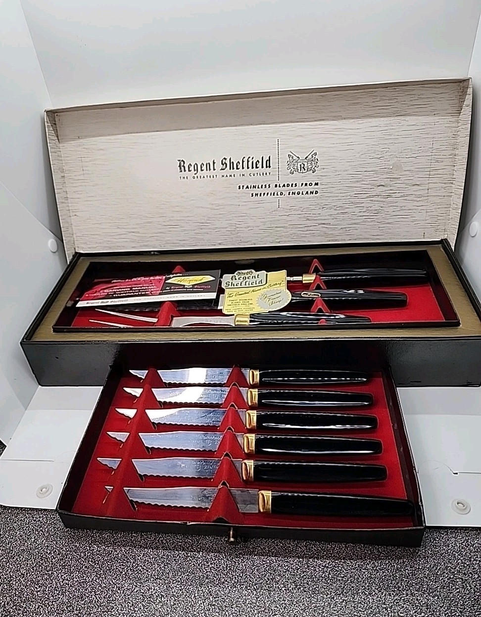 VTG REGENT SHEFFIELD & CUTLERY KNIFE CARVING & STEAK KNIFE SET 24 K Gold Trimmed